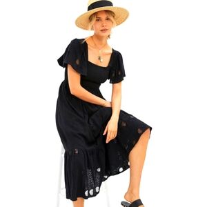 Anthropologie Seen Worn Kept Zohara Dress Med Black Embroidered Flutter Sleeves